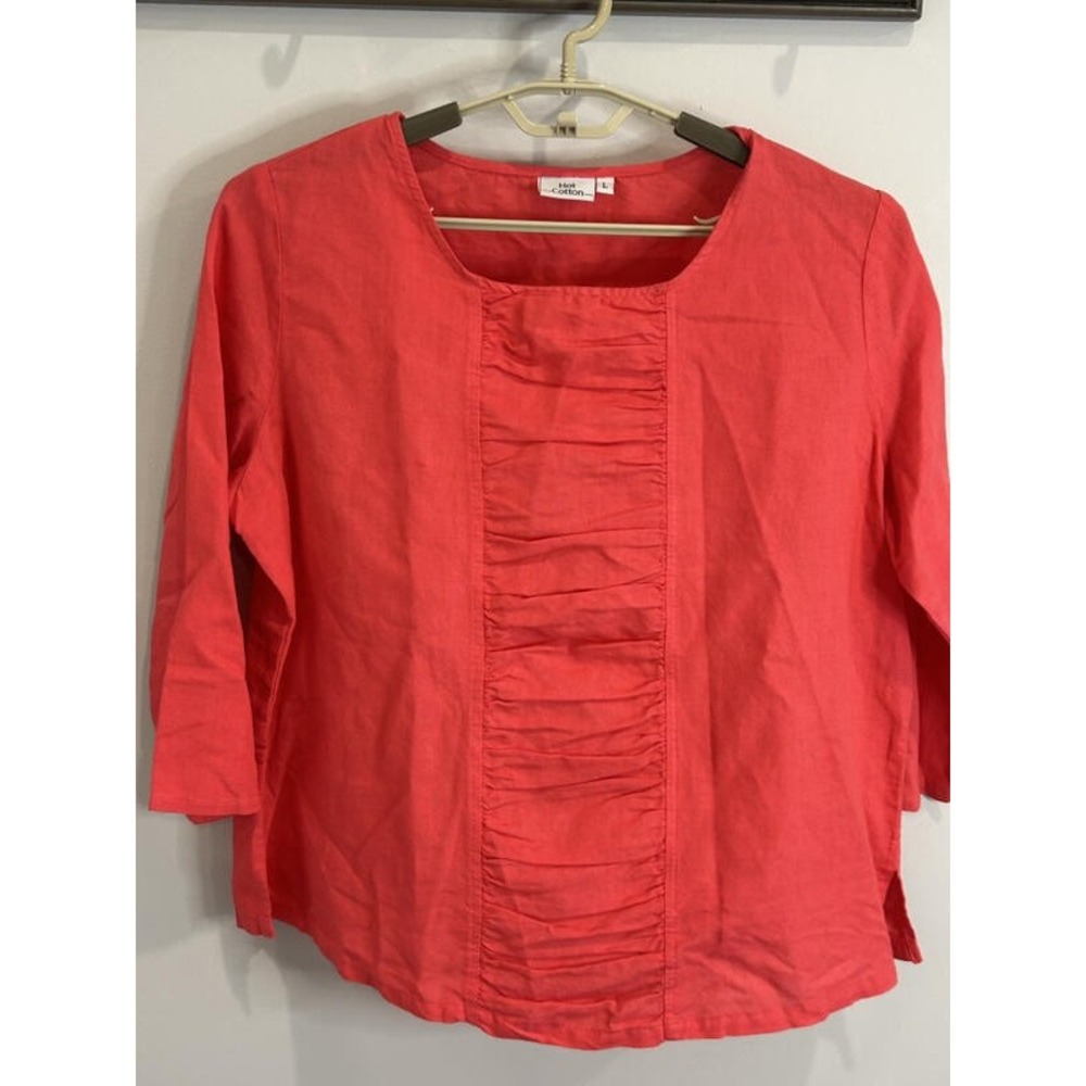 Hot Cotton Bright Pink Ruched Front Linen Blend 3/4 Sleeve Shirt Size L